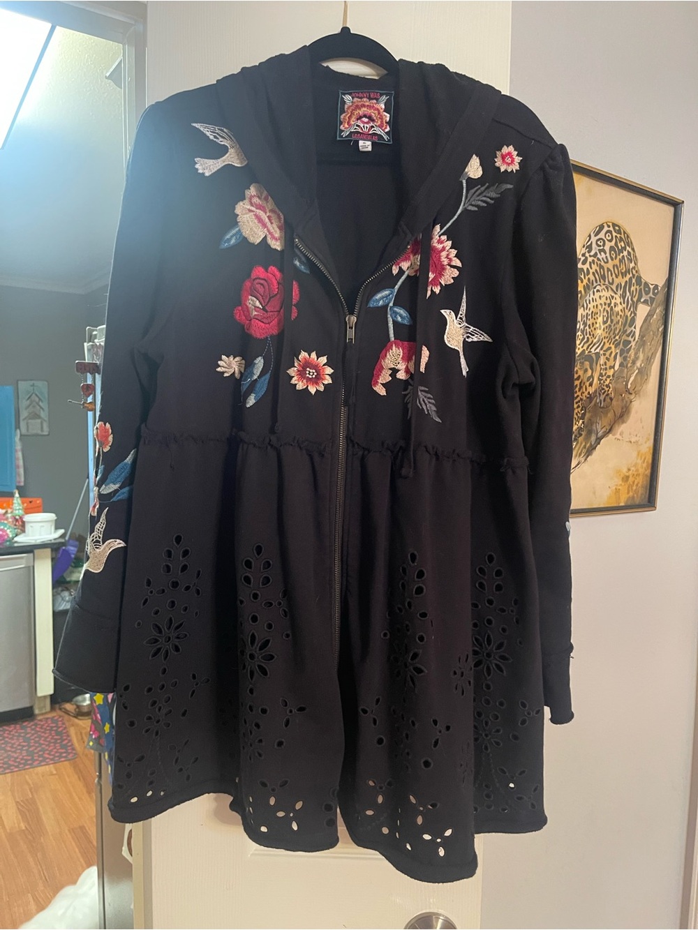 Johnny Was Black Embroidered Floral Hoodie jacket zip up